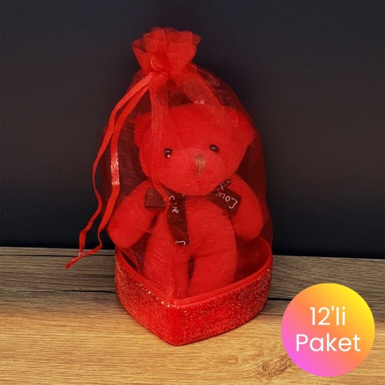 Kırmızı Ayıcık Anahtarlık ve Kalpli Kutulu Tül Kese Seti