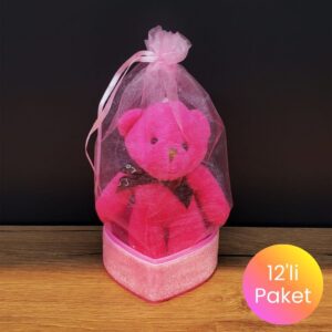 Pembe Ayıcık Anahtarlık ve Kalpli Kutulu Tül Kese Seti