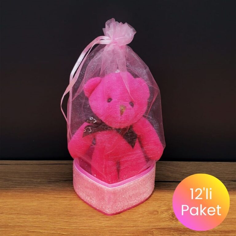 Pembe Ayıcık Anahtarlık ve Kalpli Kutulu Tül Kese Seti