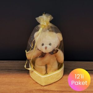 Sarı Ayıcık Anahtarlık ve Kalpli Kutulu Tül Kese Seti